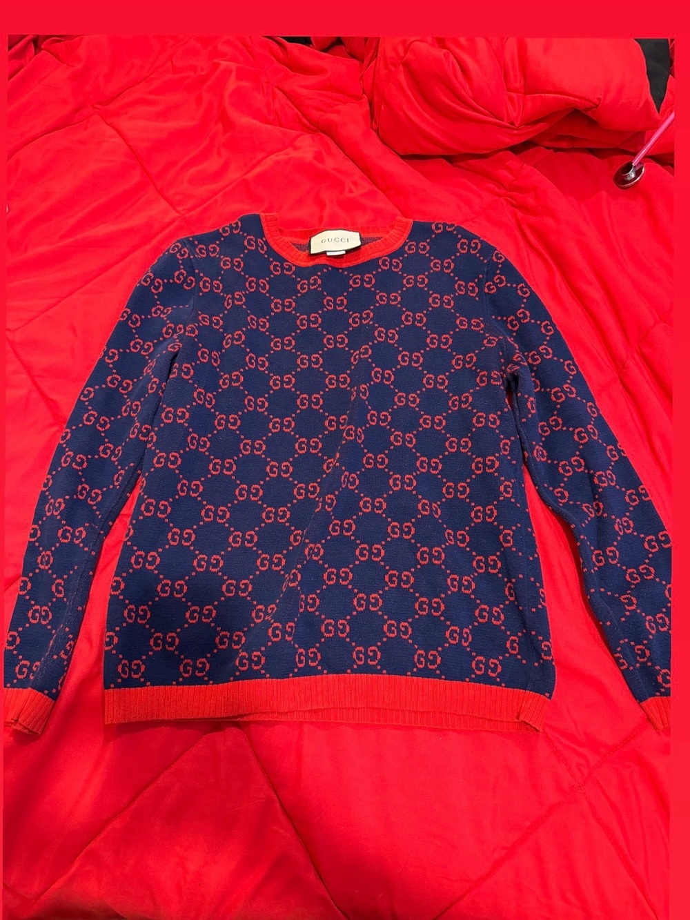 Gucci Navy & Red GG Jacquard Knit Sweater